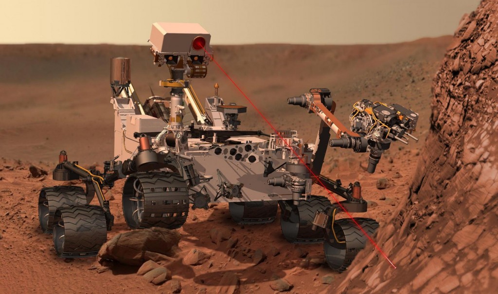 NB: Bildet viser ikke panoramaet, men en animasjon av roveren Curiosity som arbeider på Mars. Det interaktive panoramaet fra roveren finnes her. Foto: NASA/JPL-Caltech