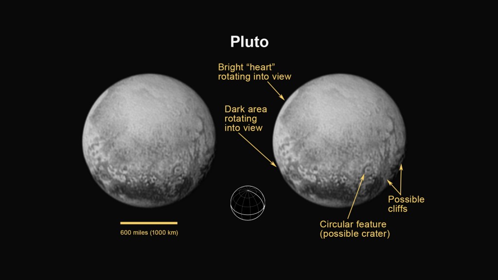 Dette bildet av Pluto, tatt av New Horizons lørdag 11. juli, viser mulige klipper og kratere på dvergplaneten. Foto: NASA/JHUAPL/SWRI
