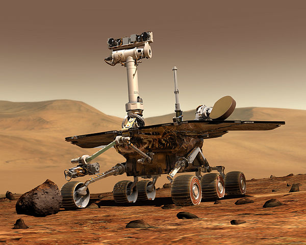 Illustrasjon av hvordan Spirit ser ut i Mars-landskapet. Illustrasjon: NASA